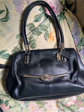 Coach Black Leather Shoulder Satchel with Silver Hardware